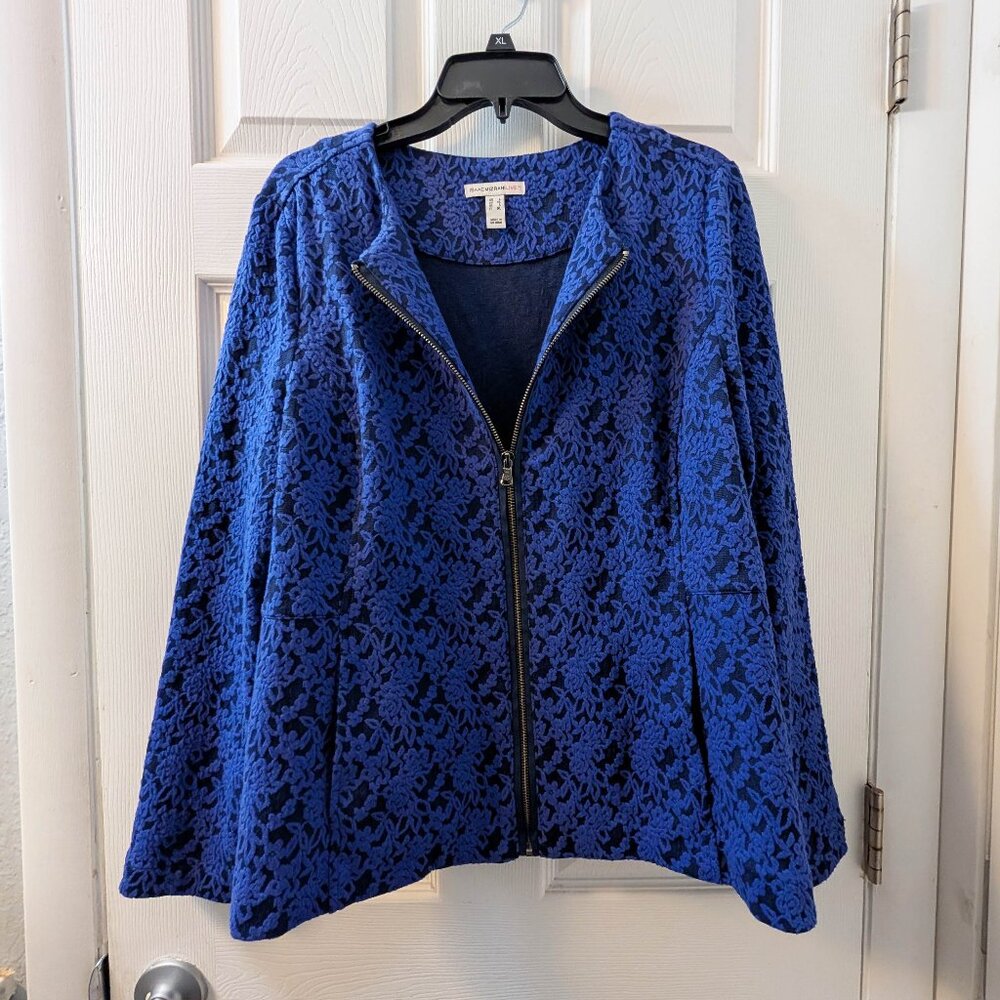 Issac Mizrahi Live! Blue Floral Jacquard Zip Front Jacket - Large